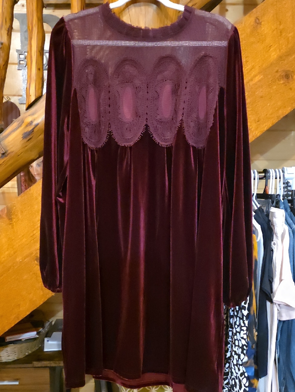 Velvet Lace Yoke Long Sleeve Dress — Burgundy